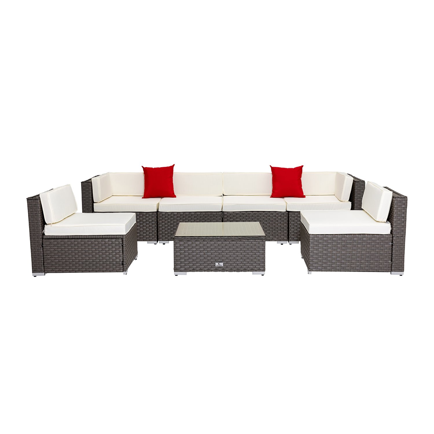 7 Piece PE Rattan Outdoor Furniture Sectional Conversation Sofa Set with Cushions, Pillows & Tea Table