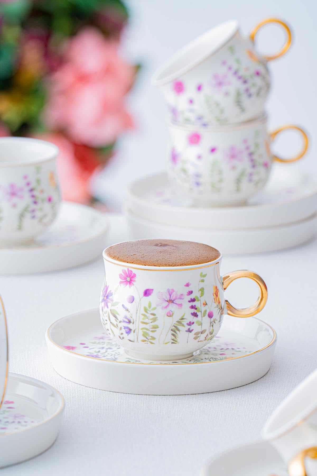 Lidya Kaffeetassen Set für 6 Personen – 90 ml – Porzellan – Goldrand – Blumenmuster – Türkisches Kaffeetassen Set