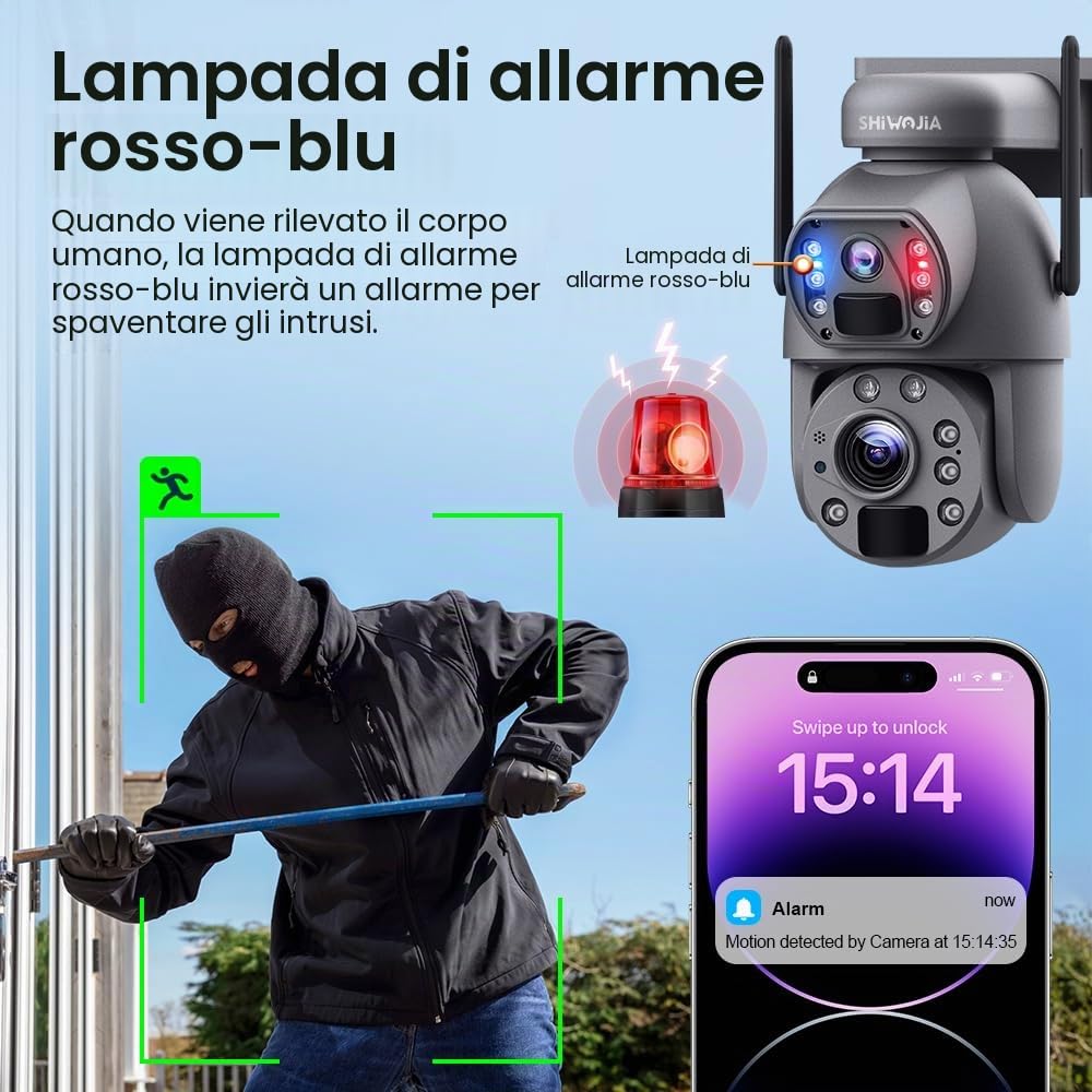 SHIWOJIA 20X Telecamera di Sorveglianza 4G Esterna, 6MP 360° PTZ Telecamera da Esterno Solare con Doppia Lente, Batteria Ricaricabile, 150m Visione Notturna a Colori, PIR Rilevamento Intelligente