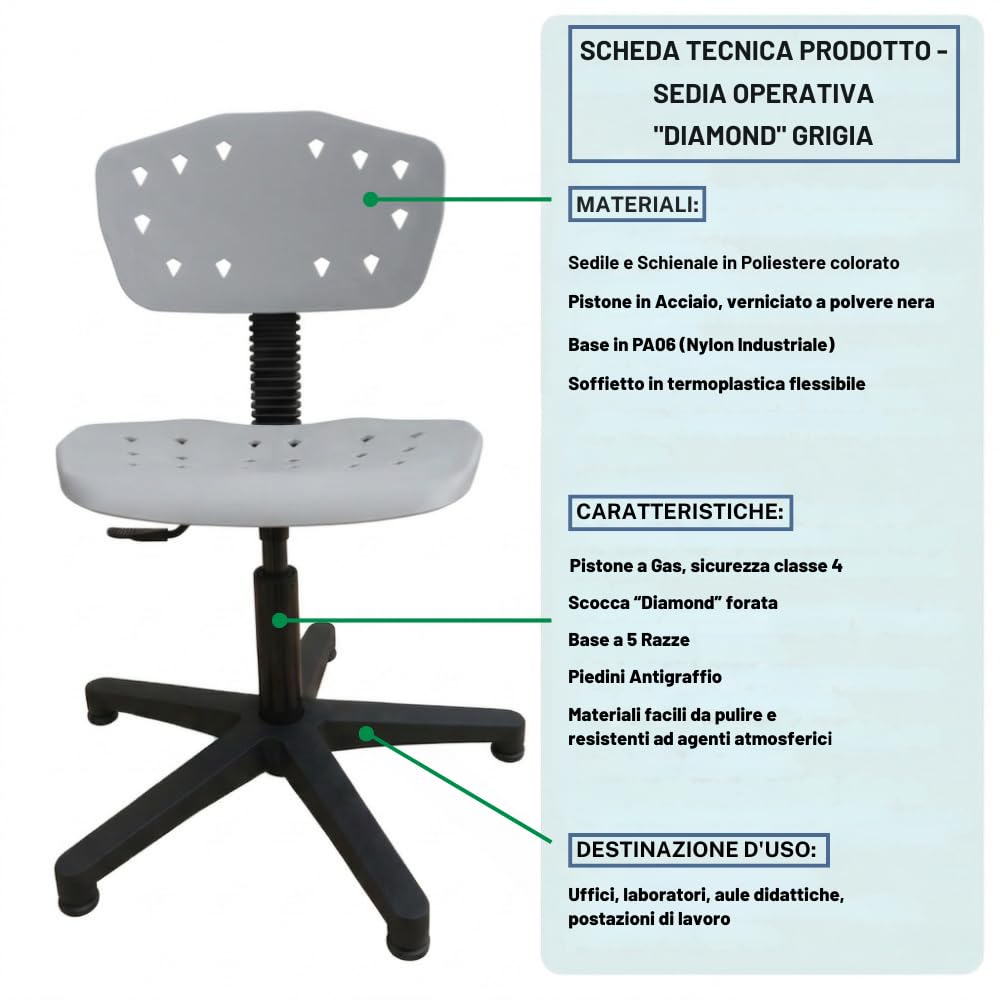 FITEX Sedia Operativa DIAMOND Ergonomica in PP Rinforzato Forato con Piedini in Gomma, per Ufficio, Smart Working e Studio - CE Made in Italy - Grigia