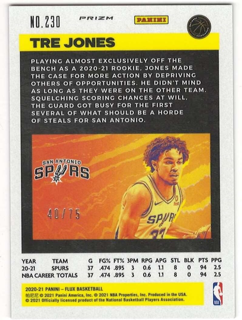 TRE JONES RC 2020-21 Panini Flux /75 Supernova #230 ROOKIE NM+-MT+ Basketball Spurs