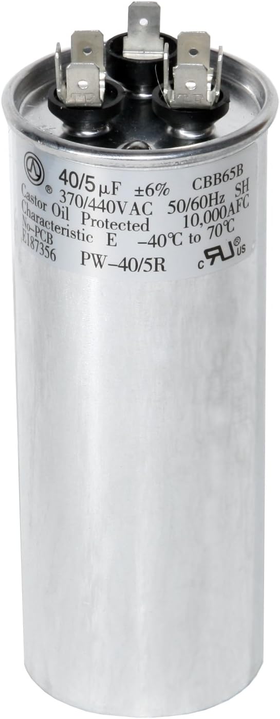 40 + 5 MFD uf 370 VAC or 440 Volt Dual Run Round Capacitor PW-40/5/R for Condenser Straight Cool or Heat Pump Air Conditioner 40/5 Micro Farad