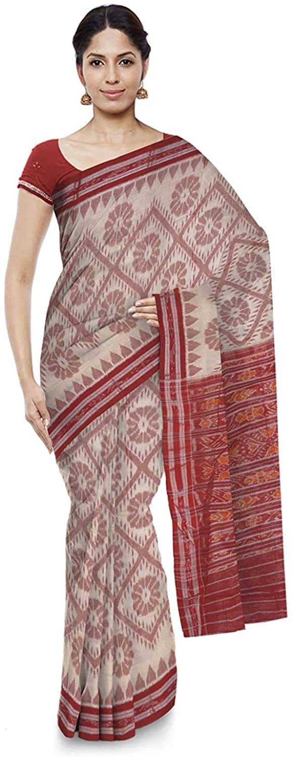 ODISHAHANDLOOM Women's Sambalpuri Cotton Saree (o 59_White, Off-white)