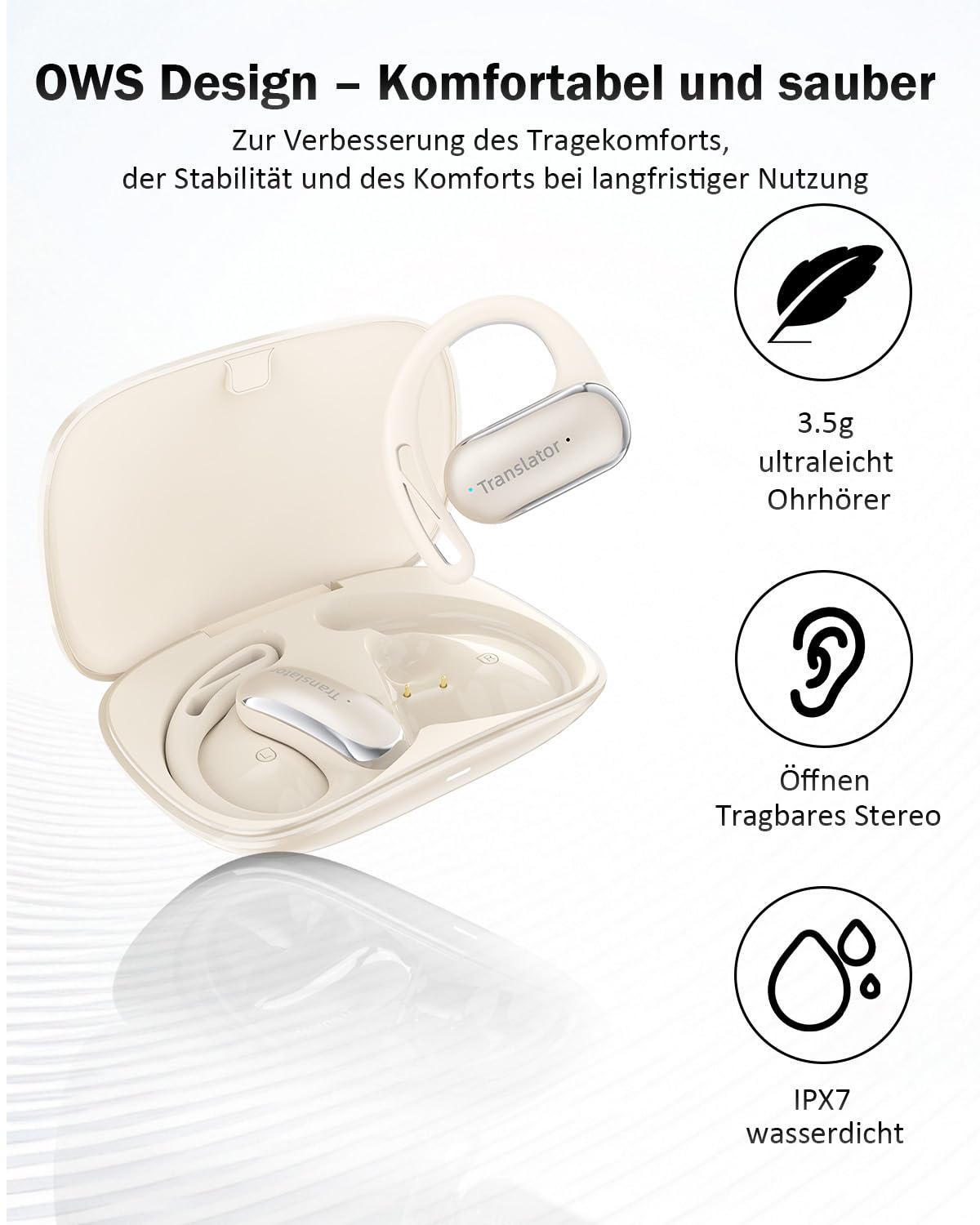 KI Übersetzer Kopfhörer Ohne Internet, 3-in-1 Echtzeit Sprachübersetzer mit 144 Online & 11 Offline Sprachen, Bluetooth 5.4, Ladecase, Beige