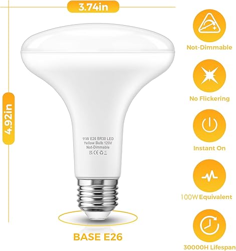 Miniatura 8 de BR30 Bombillas LED amarillas para exteriores, equivalente a 65 W, bombilla amarilla ámbar de 11 W, luces LED de inundación que no atraen insectos,