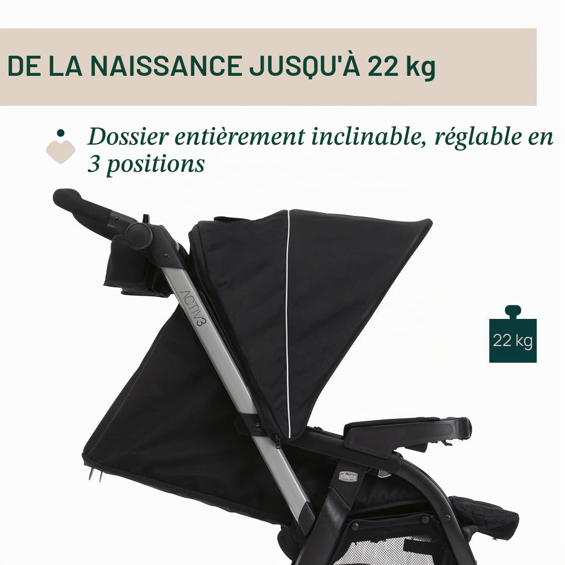 Chicco Poussette Activ3 à 3 roues, fonctionnelle et facile à manœuvrer sur tous les terrains, siège spacieux, dossier inclinable, fermeture pratique et rapide, amortisseurs réglables, 0 mois+, Ébène