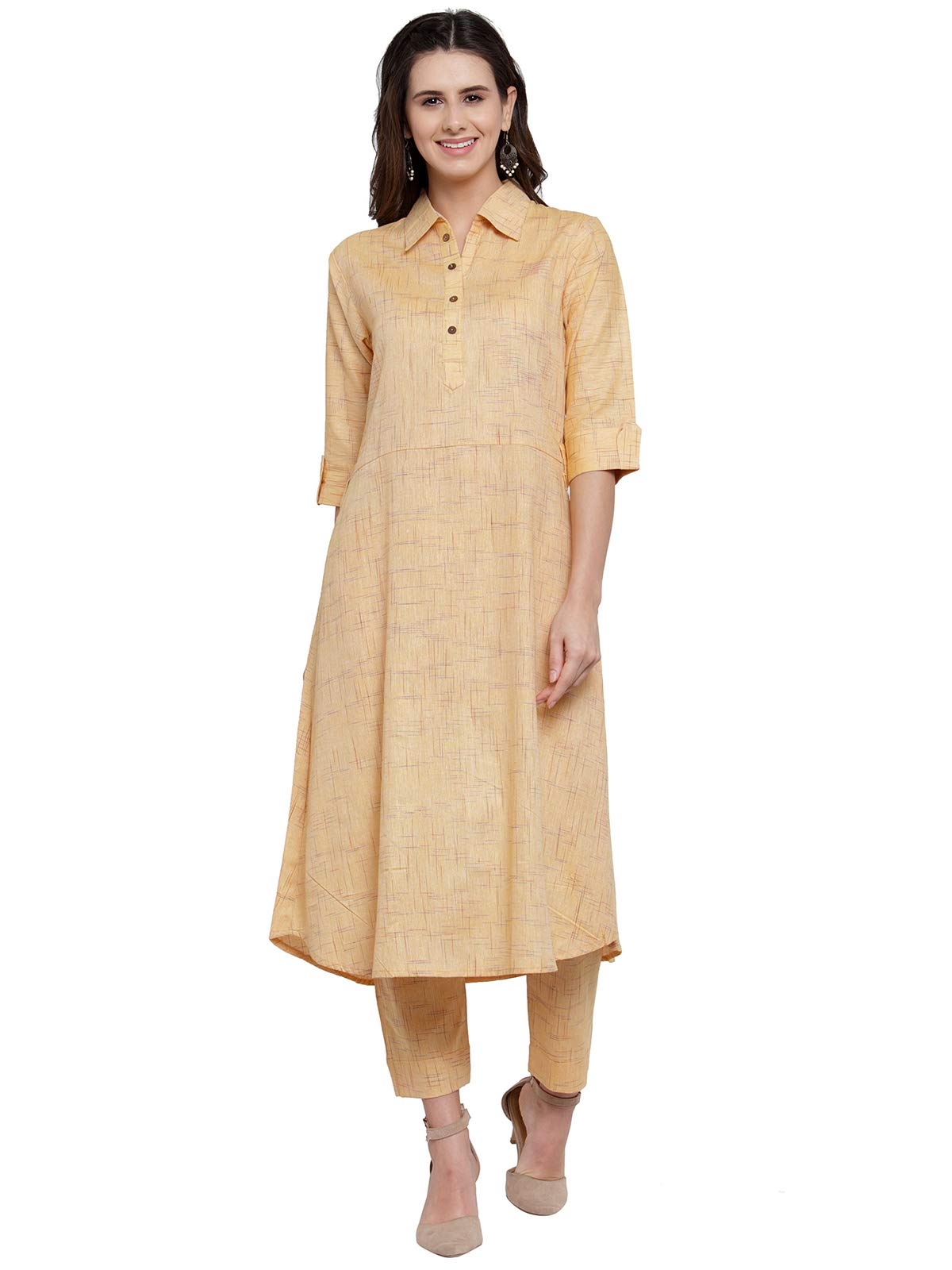 sayesha Yellow Shirt Collar A-Line Cotton Kurti with Culotte-picture-22