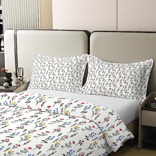 Homewish Cotton Aesthetic Bedding Set Single,Boho Floral Comforter Cover,Blue Red Yellow Flowers Duvet Cover,Blossom Botanical Leaf Branch Farmhouse Theme Quilt Cover for Kids Girls Soft Reversible - Image 4