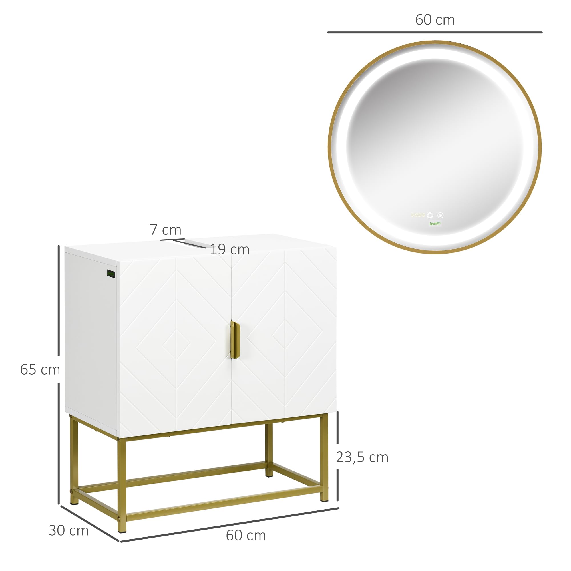 kleankin Conjunto de Baño Juego de Mueble para Debajo del Lavabo con Patas de Acero y Espejo de Baño con Luz LED Interruptor Táctil 60x30x65 cm Ø60x4 cm Blanco y Dorado
