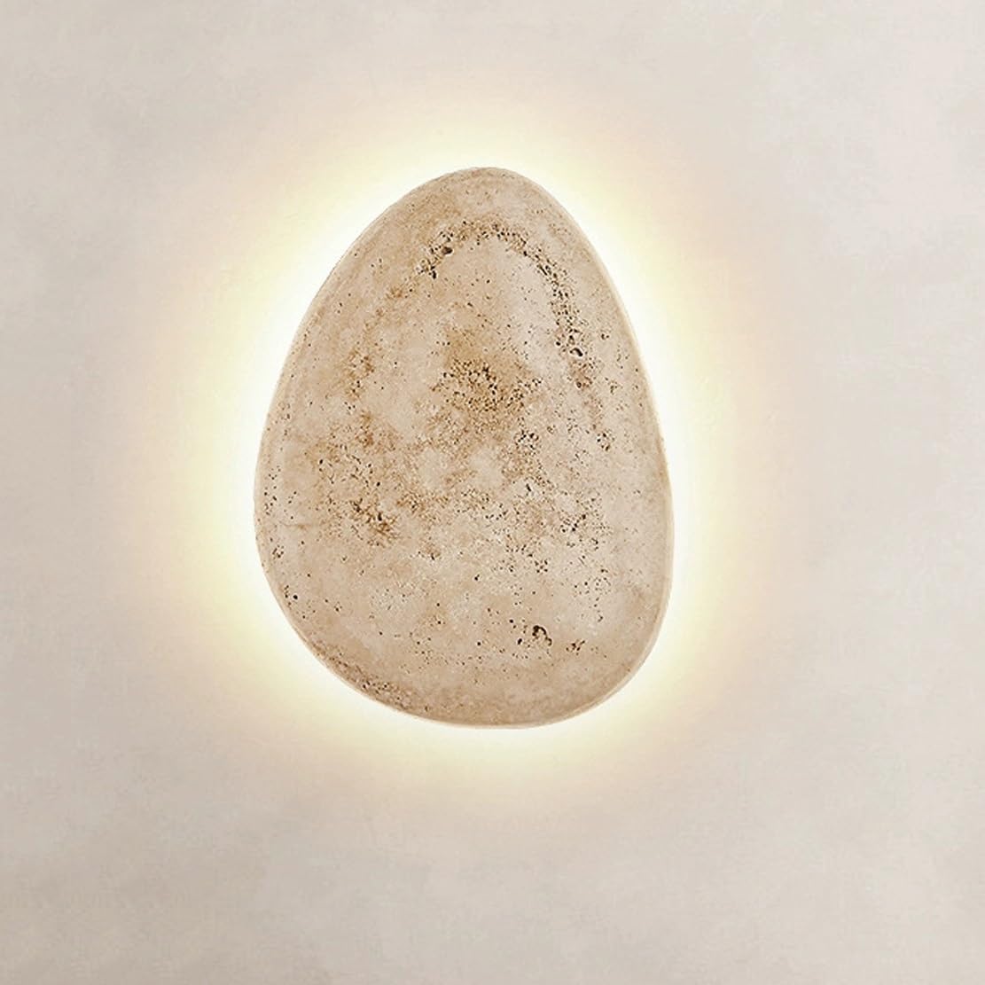 NHPJFDC Modern Natural Travertine Stone Wall Sconce Warm LED Pebble Shape Wall Lamp for Bedroom Hallway Living Room Minimalist Oval Stone Lighting Fixture Indoor Accent Deco