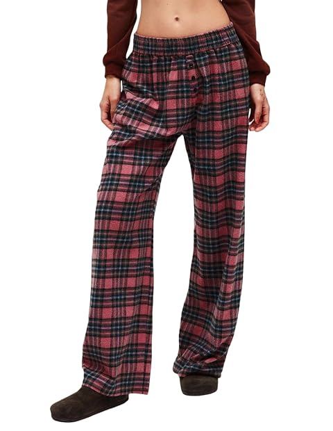 LifeShe Women Tartan Plaid Print Pants Elastic Waisted Straight Leg Christmas Pants Casual Baggy Trousers