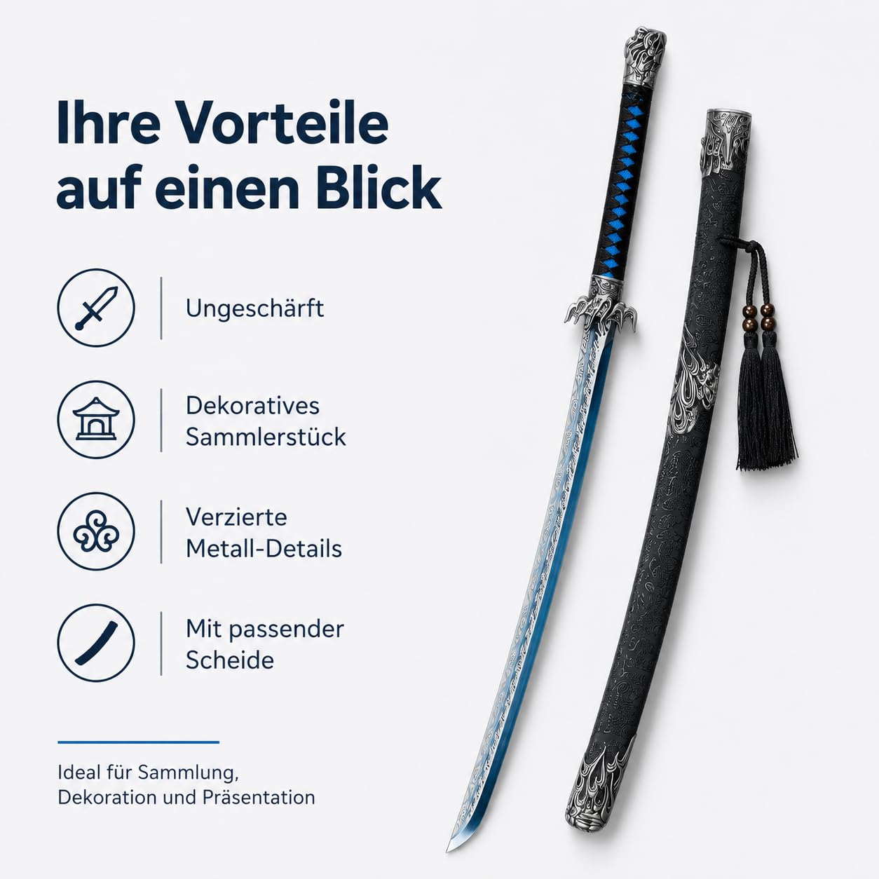 Katana Samurai Schwert - Japanisches Dekorationsschwert mit Blauer Klinge & Gravuren - Ungeschliffene Edelstahlklinge - ABS-Scheide - Perfekt für Sammler & Anime Deko