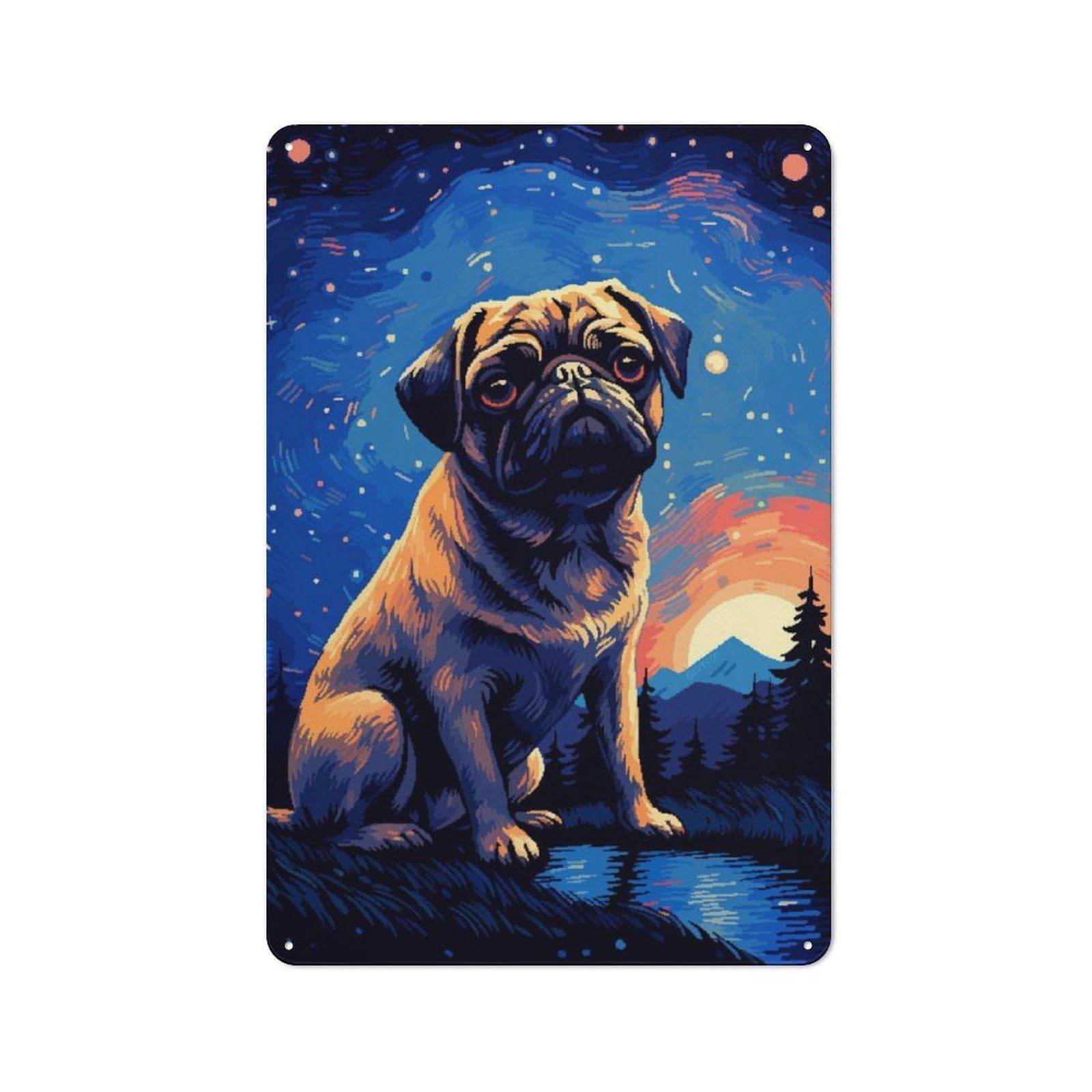 Junmoney Pug Magical Pixel Art Rustic Tin Wall Plaque 30X20cm For Home Bar Wall, For Vintage Wall Decor Fans, For Living Room And Hallway Decor
