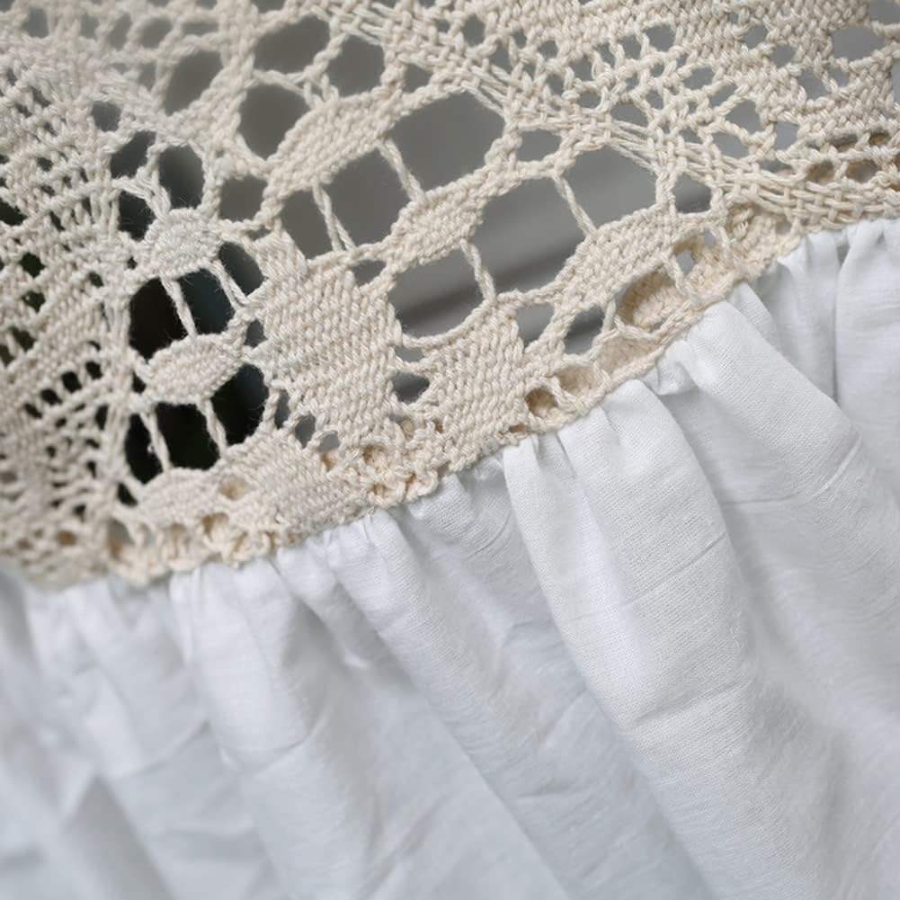 YXW Shabby Chic Valance, White Cotton Stitching Beige Lace Tie Up Top Kitchen Short Curtain, Rustic Cafe Half Drapes for Bathroom/Children's Room, 1 Piece (47×25inch/47×48inch)