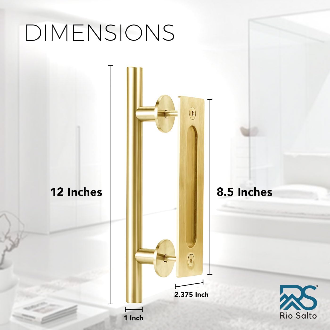 Rio Salto Brushed Brass Gold Barn Door Hardware Kit – 72" (6 Ft) Track System for Single Door – Heavy Duty Rail with Rollers, 12" Handle & Floor Guide (Door Not Included)