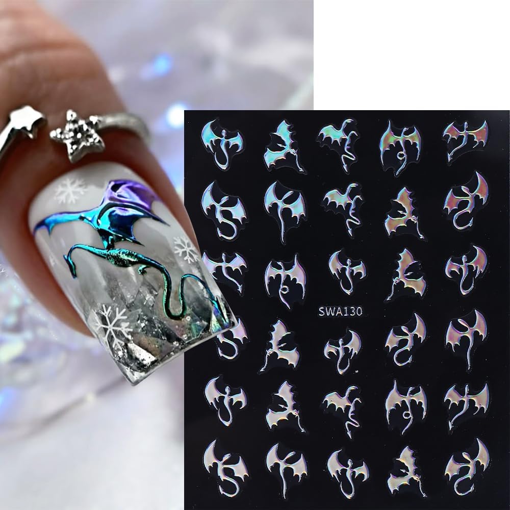 Halloween Nail Art Stickers Gothic Dragon Nail Art Decals 6 Sheets 3D Self-Adhesive Dragon Nail Design Decals Gold Silver Nail Stickers for Women Halloween Nail Art Supplies DIY Manicure Supplies image 4