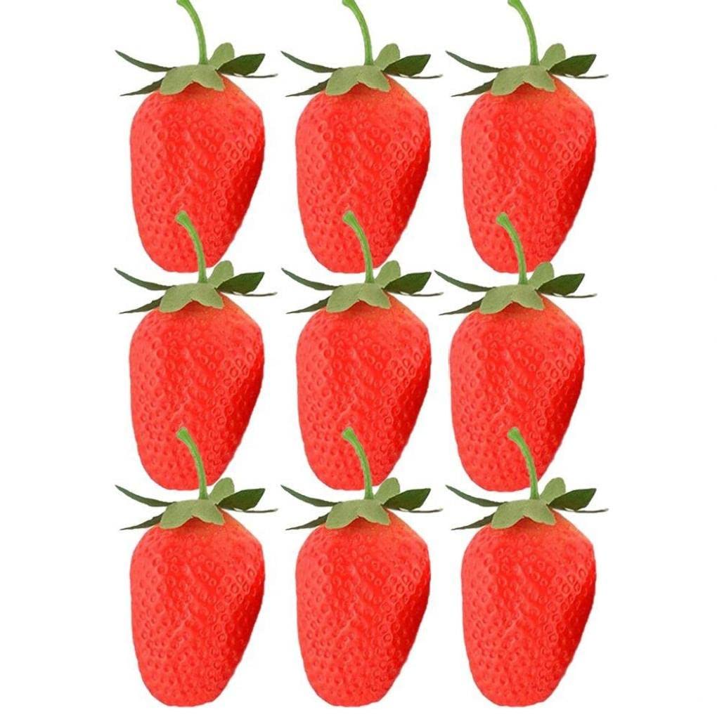 Casiler 9pcs Artificial Strawberry with Stem Green Leaves Party Festival Decorative Accessories for Kitchen Table Bar Decorations