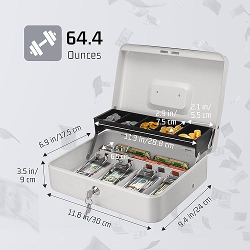 Miniatura 7 de Flexzion Caja de efectivo con llave, caja de dinero para negocios en efectivo, cajero y dinero en efectivo, caja de metal blanco con llave de