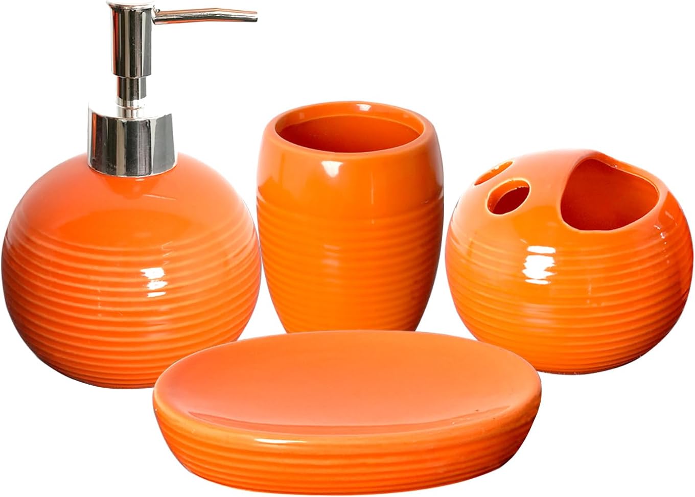 Orange Bathroom Accessories Set 4 Pcs, Ceramic Bathroom Accessory Set with Lotion Soap Dispenser, Toothbrush Holder, Bathroom Tumbler and Soap Dish,Orange Bathroom Decor