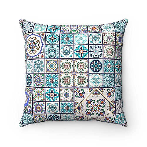Funda de cojín de 43 x 43 cm, diseño geométrico de azulejos marroquíes, ideal para sofá, cama, regalo de español, color turquesa