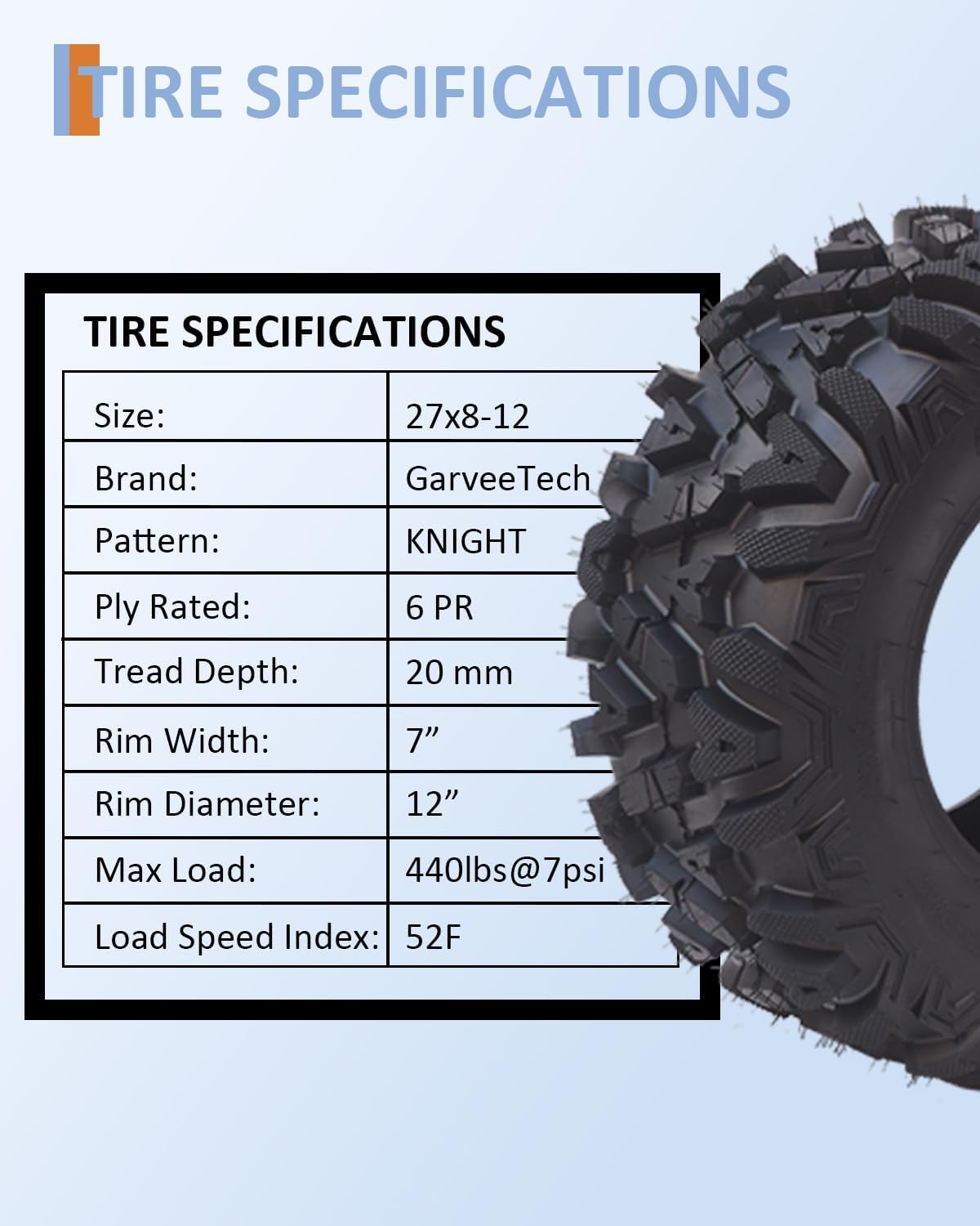 GarveeTech Set of 4 ATV/UTV All-Terrain Tires 27x8-12 Front & 27x10-12 Rear, 6 PR Tubeless, Off-Road Mud/Sand/Rock Performance, Rims Not Included