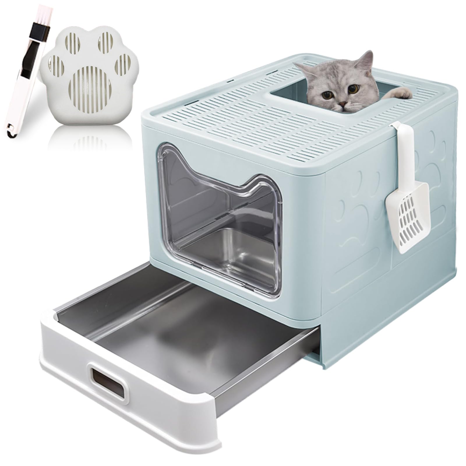 XXL Katzenklo mit Deckel & Edelstahl-Schublade, geschlossenes geruchsfrei Katzenklo, hop-in Katzentoilette, Anti-Streu-Design, Katzenklo-Schaufel, Stainless Steel Litter Box, Blau