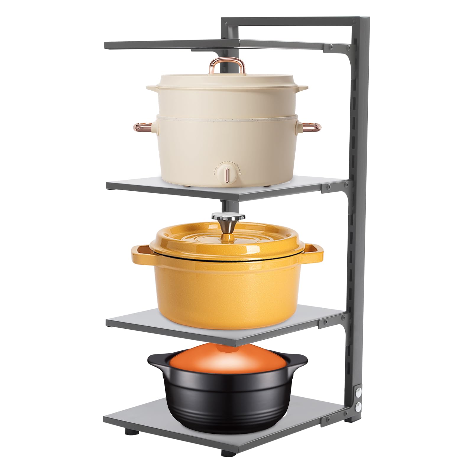Hurrylying Pot Rack Organizer Adjustable Pot and Pan Stand Rack Detachable 4 Tier Kitchen Pan Holder Organiser Stand for Kitchen Counter Cabinet for home cooks and chefs 27 * 23 * 43cm (Gray)