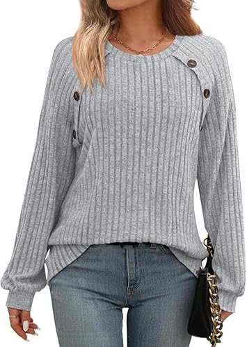 Women's Long Sleeve Shirts Tops Casual Fall Fashion Cute Blouses Business Crew Neck Pullover Tunics with Buttons (Grey,Large)