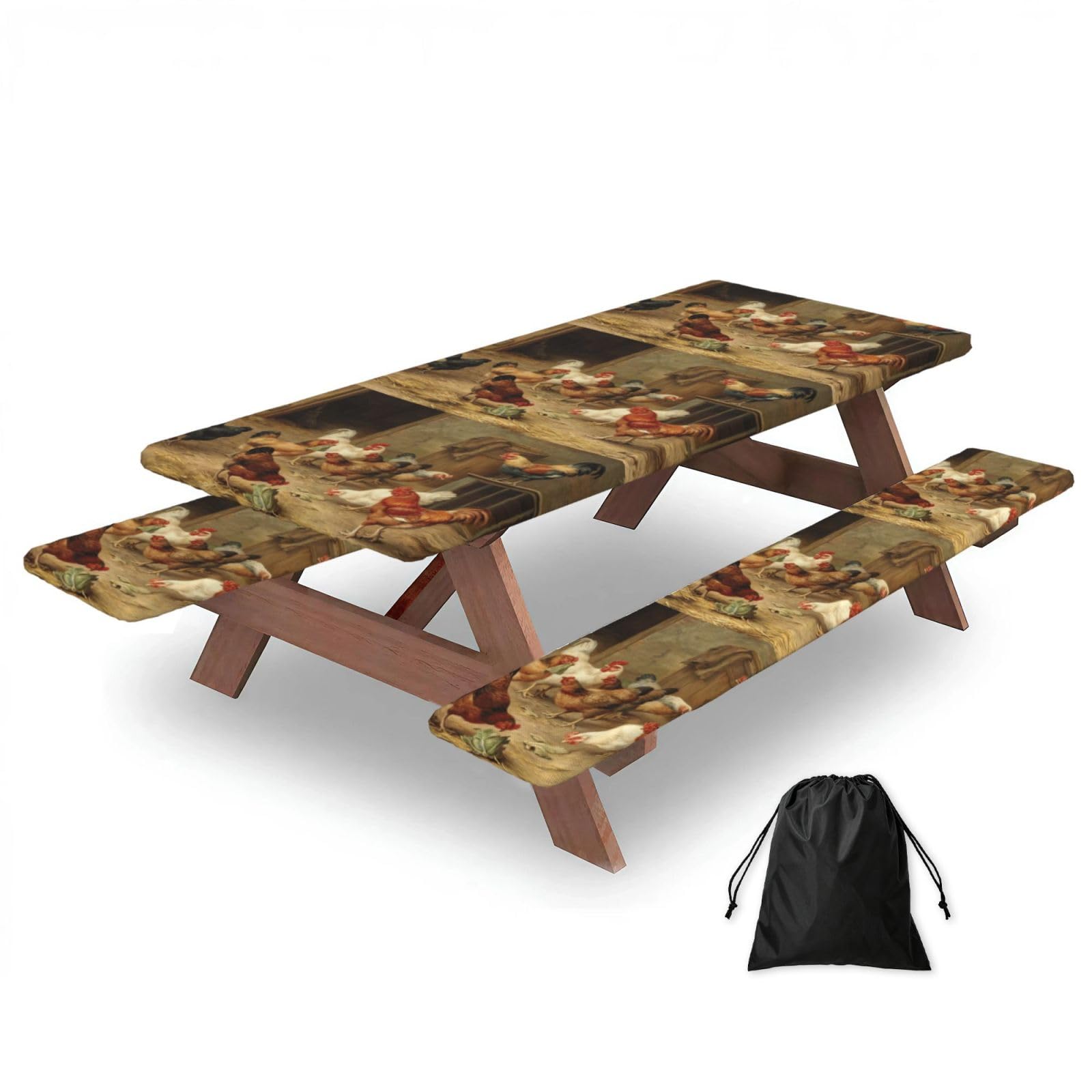 Zyjhyy Black Farm Chickens Print 3 Pack Wipeable Picnic Bench Cover And Table Cover Lightweight Table Cloth For Camping Outdoor