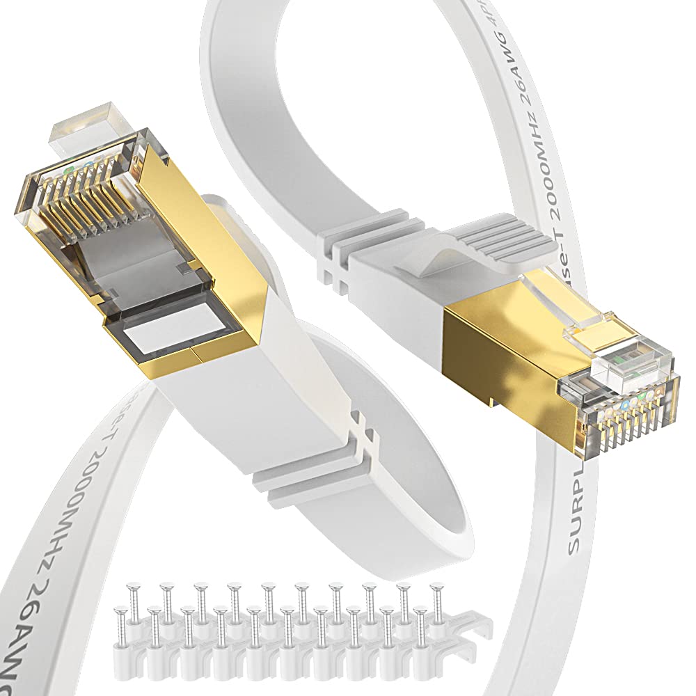 Surplay Cat8 Ethernet Cable 50FT-White-40Gbps Solid Conductor & Shielded & Ground Wire Long Distance Internet Network Flat Cord,Gold-Plated RJ45 Cat 8 LAN Line for PS5,Xbox,Hub,Router,NAS(30 Clips)