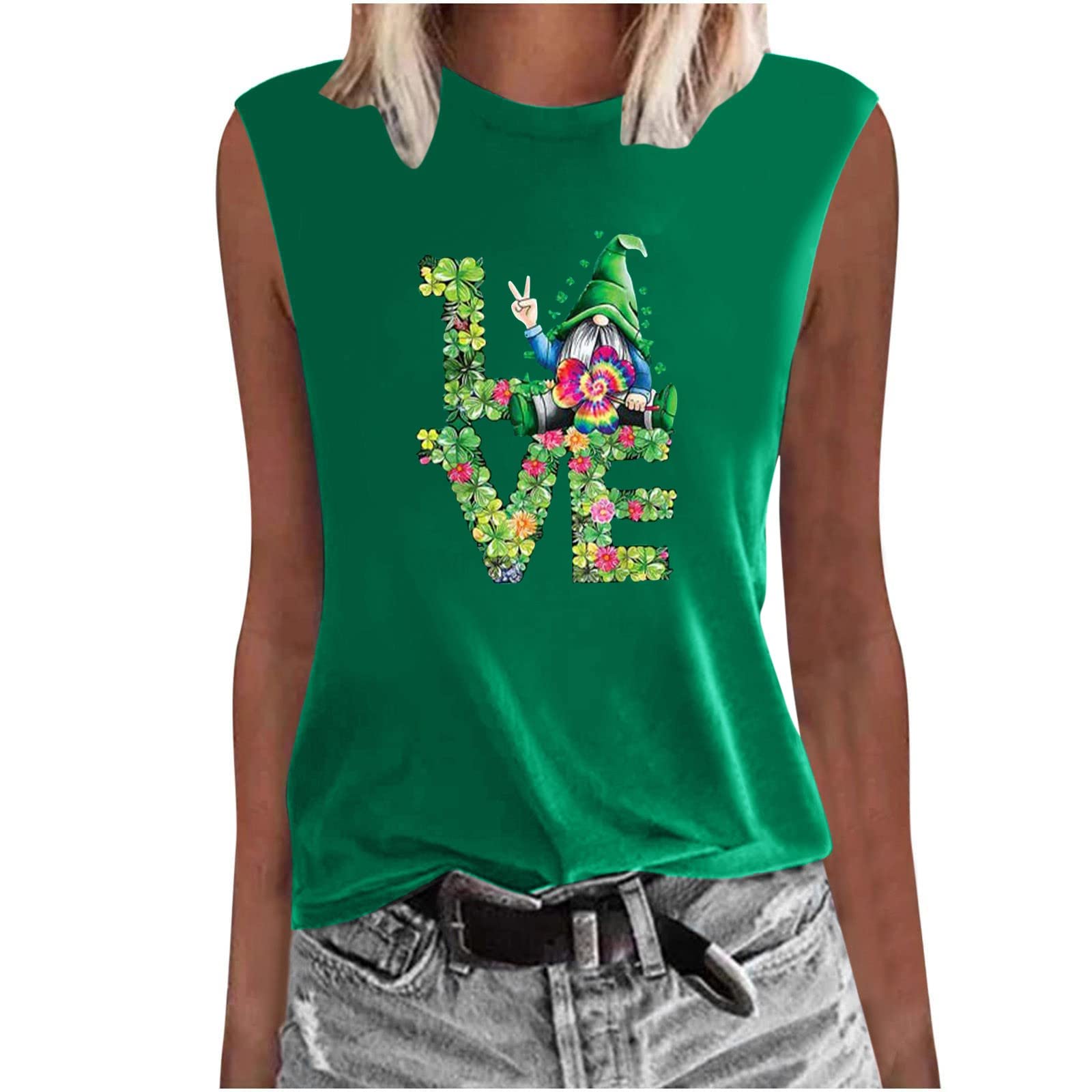 Women's St. Patrick's Day Print Racerback Tank Tops Saint Round Neck Vest Shamrock Irish Holiday Graphic Blouse