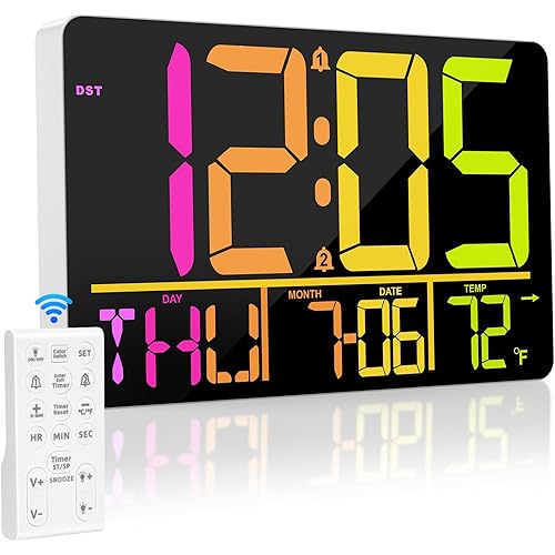 13" Large Digital Wall Clock with Remote, RGB Color Changing, 25 Ringtones, 0-100% Auto/Custom Brightness, Temperature, Calendar, 12/24H, DST, Timer, for Living Room/Bedroom/Office/Elderly