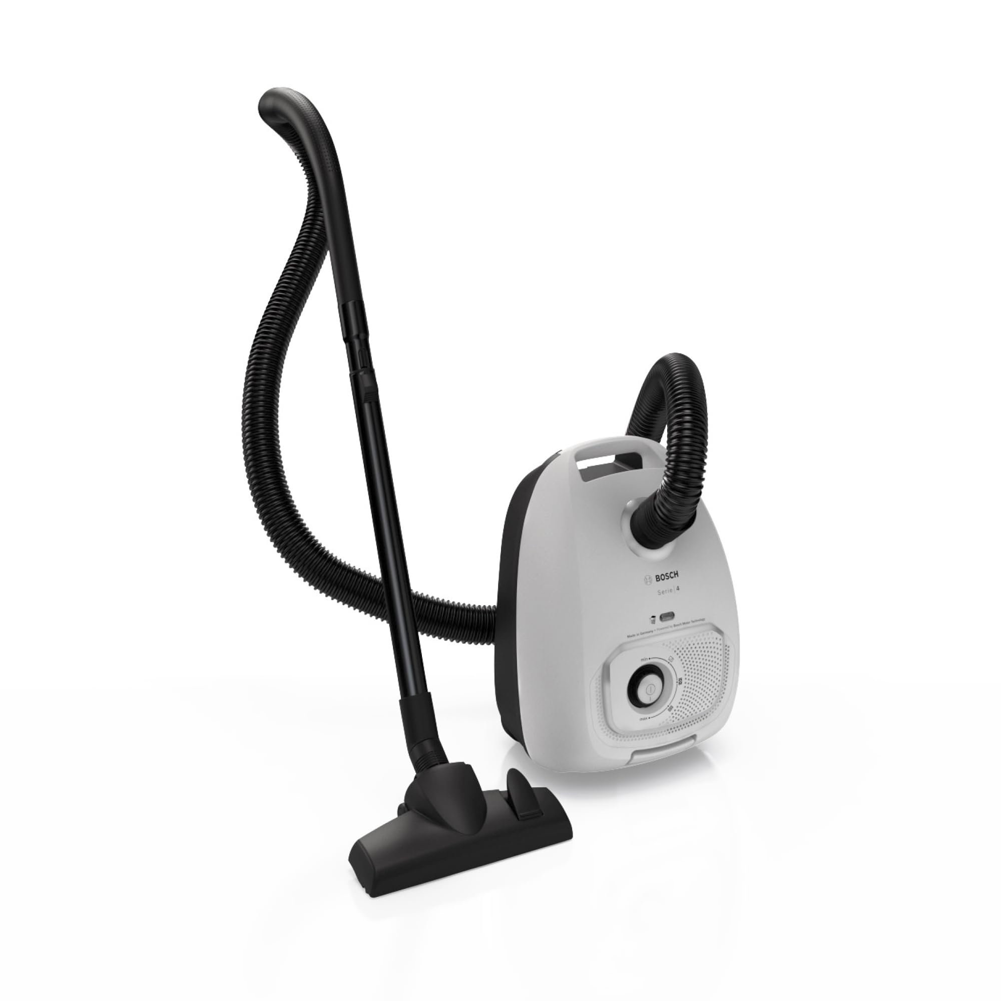 Bosch Serie 4 Odkurzacz Workowy, Promień Działania 11 m, Pojemność Worka XL, Ssawka do Tapicerki, Ssawka Szczelinowa, Zintegrowany Schowek na Akcesoria, Biały, BGB41WH1 | Odkurzacz z workiem XL, szczotka do tkanin i szczelin, zmywalny filtr, wyprodukowano