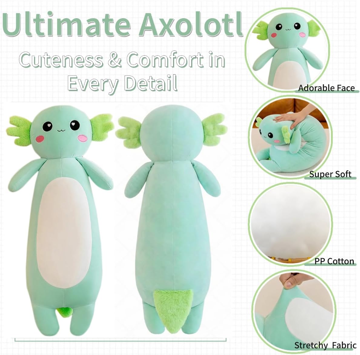 Long Axolotl Stuffed Animal Salamander Plush Pillow, Soft Axolotl Plush Toy for Boys Girls Gifts for Christmas (Green, 65cm/25.59inch) - Image 6
