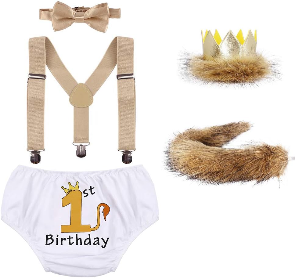 IWEMEK 3pcs/4pcs/5pcs Toddler Baby Boys 1st Birthday Cake Smash Outfits Wild One Year Party Lion Costume Bow Tie + Suspenders + Bloomers + Crown + Plush Tail Clothes Set Photo Shoot Props