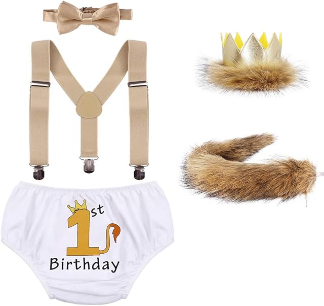 Baby Boys 1st/2nd Birthday Cake Smash Outits Lion Wild One Crown Fancy Dress Up Party Halloween Costume Shorts Bowtie SuspendersW/Tail 5PCS Clothes Set White-1st 0-24Months