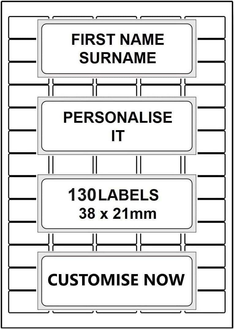 Personalised, Washable Name Labels (130 Labels) Stickers for Kids Clothes, School Uniform, Water Bottles, Shoes, Care Home. All Purpose Vinyl Stick On Waterproof Labels
