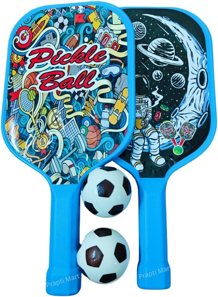 Kids Pickle Ball Set, 2 Plastic Racquets with Colorful Graffiti Design, 2 White Soccer Pattern Balls, Indoor Outdoor Toys, Sports Toy for Kids, Pickle Racket Set for Kids, Age 3+ (Blue)