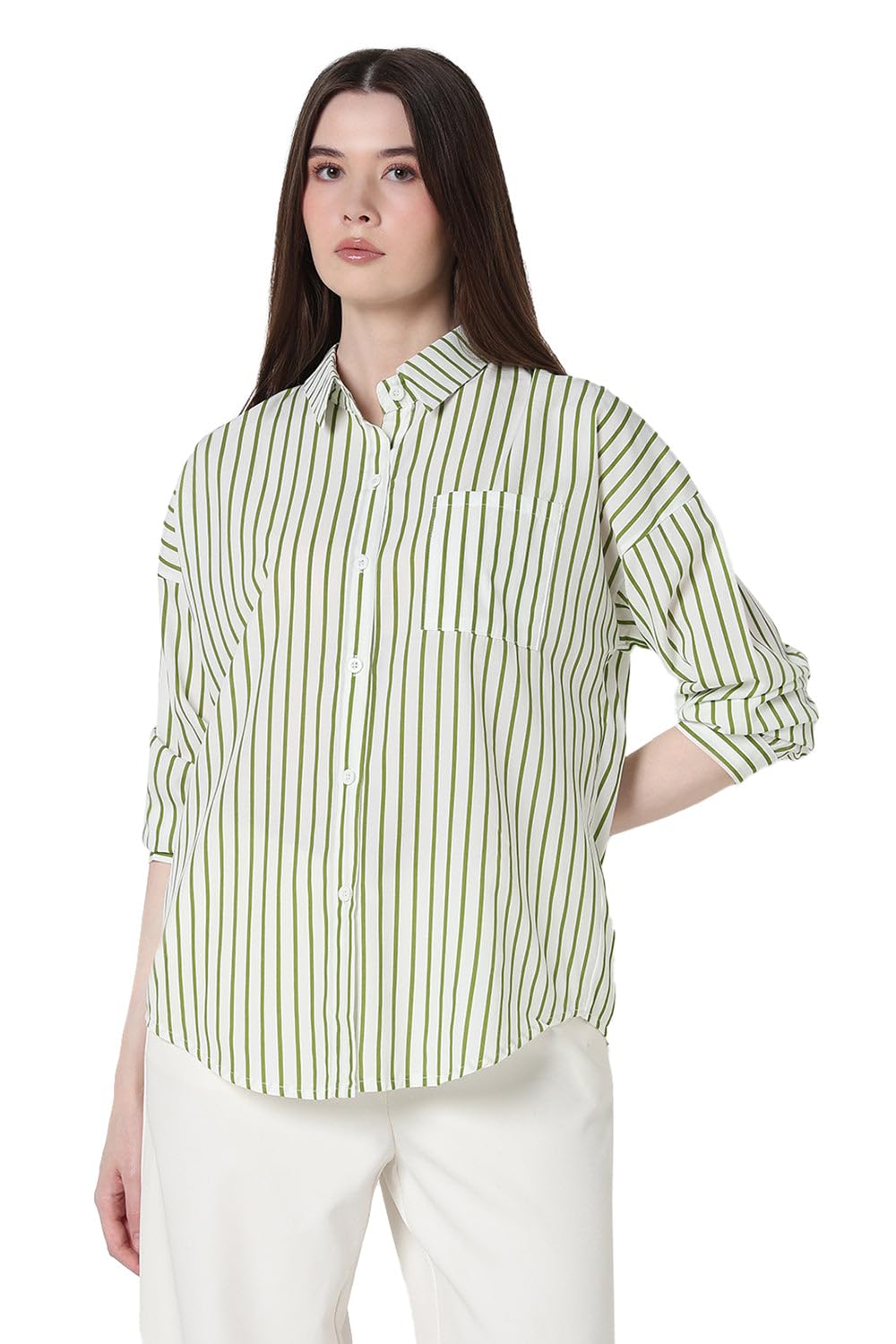 Women's Pinstripes Green Relaxed Fit Shirt with Chest Pocket-CHN-0724_Green-image-29