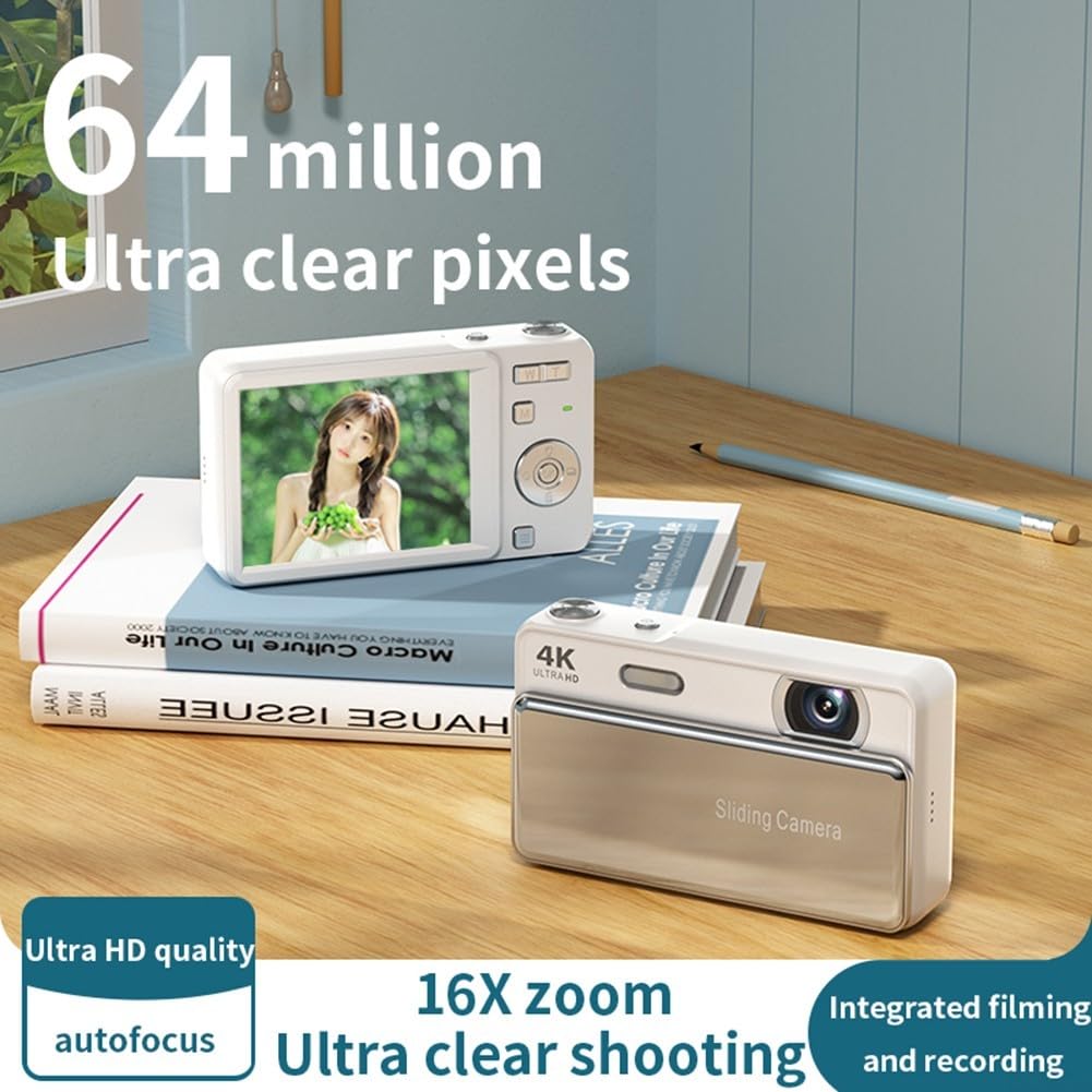Slider - Fotocamera digitale portatile, 64 MP, registrazione 4 K, zoom 16x, schermo ad alta definizione, design compatto in metallo, stabilizzazione elettronica, per studenti di fotografia di viaggio