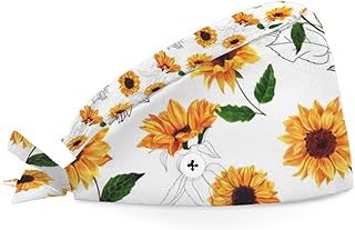 Bouffant Scrub Caps Printed Working Surgical Cap Regular Sunflowers Nurse Hats with Buttons and Sweatband Adjustable Tie Back Hat for Women Men Multi Color