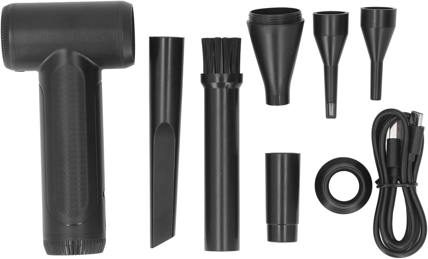 All components of the Srliya Electric Turbine Blower kit, including the main unit, charging cable, adapter, five different nozzles, and a nozzle brush.