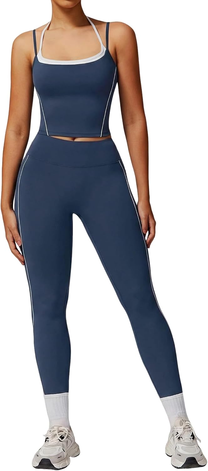 QBGJTD Womens Workout Sets Two Piece Spaghetti Straps Tank Top Matching High Waist Leggings Gym Work Out Outfits with Pockets