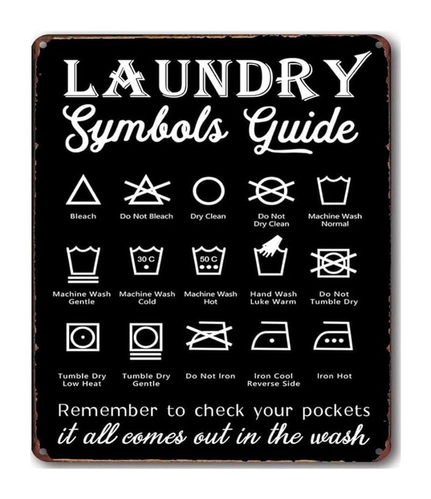 IDGTTLDF Laundry Care Instructions Retro Metal Sign Guide Tin Plaque Wall-Art for Home Utility Room (8 X 12 in)