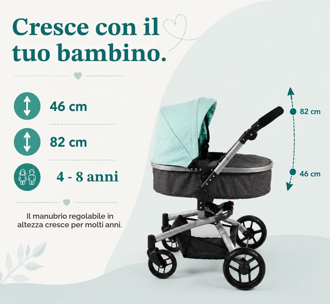 Passeggino per Bambole Yolo 2 in 1 per Bambini dai 4 agli 8 Anni, Melange Antracite/Menta