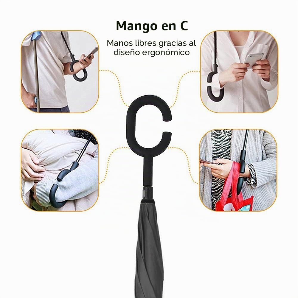 Paraguas invertido con mango en C - - Sombrilla de doble capa. A prueba de viento - Resistente al viento y a los rayos UV- Protege de la lluvia, la tormenta y el sol.