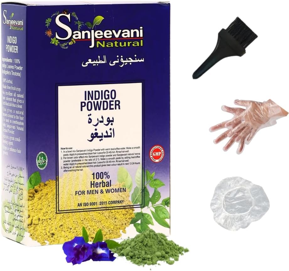 Sanjeevani Natural Indigo Powder for Hair | 100% Organic Indigo Leaf | Natural Black Hair Color | Chemical-Free & Herbal | Grey Coverage & Hair Protection | 100g Pack with Brush, Gloves & Shower Cap