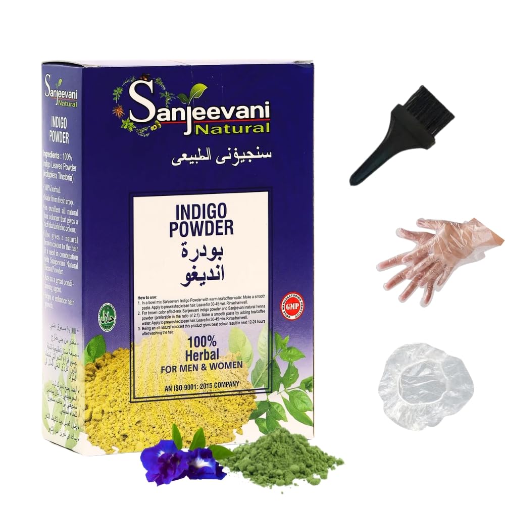 Sanjeevani Natural Indigo Powder for Hair | 100% Organic Indigo Leaf | Natural Black Hair Color | Chemical-Free & Herbal | Grey Coverage & Hair Protection | 100g Pack with Brush, Gloves & Shower Cap