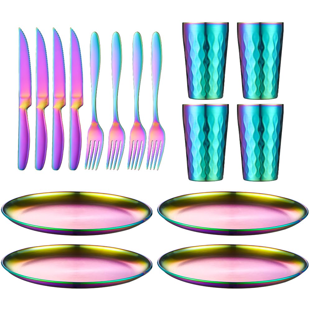 DOCBLACK Stainless Steel Serrated Steak Knives Forks with Dinner Plates Cups Dinnerware set Unbreakable Reusable Heavy Duty Matte Polished Flatware Silverware sets (Rainbow 4 set(16PCS))