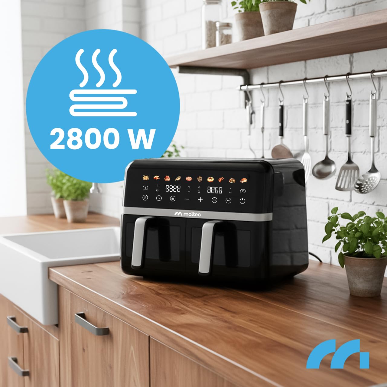 MalTec Frytkownica na gorące powietrze XL, 2 komory z okienkiem, 10 l Airfryer, ekran dotykowy, 2800 W, 10 programów, frytkownica bez oleju i gotowanie niskotłuszczowe